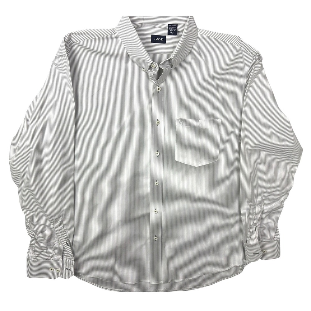 IZOD Mens Size XL Button Down Shirt Long Sleeve Grey White Stripe 100% Cotton